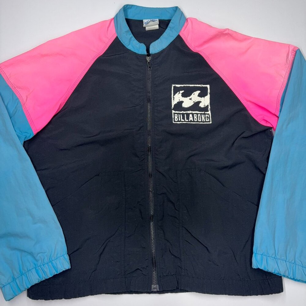 Vintage 90s Billabong Men's Surf Shell Windbreaker Jacket Black Pink Blue Large